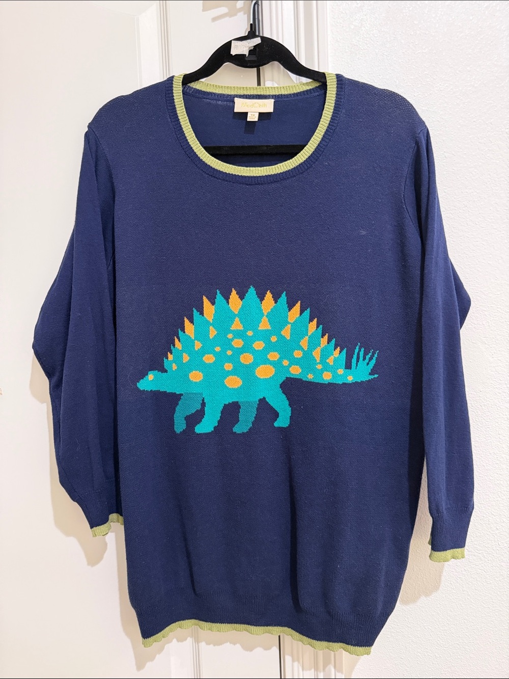 ModCloth navy dinosaur sweater  stegosaurus graphic green ribbed trim 1x